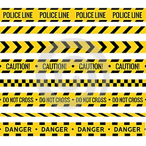 Crime line tape. Police danger caution vector yellow barrier. Not cross security line