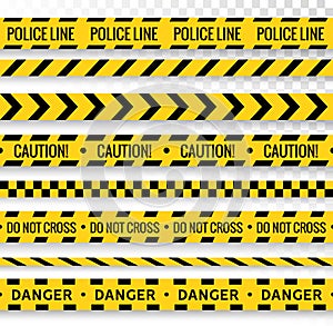 Crime line tape. Police danger caution vector yellow barrier. Not cross security line