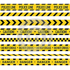 Crime line tape. Police danger caution vector yellow barrier. Not cross security line