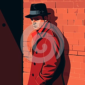 A crime man in a red coat and hat stands in front of a brick wall