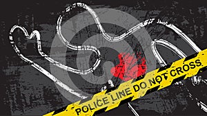 Crime scene background with police yellow tape and dead body with blood. Vector illustration of criminal mystery murder