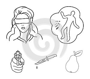 A crime scene, a bloody knife, a hostage, a directed pistol. Crime set collection icons in outline style vector symbol