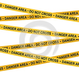 Crime scene danger area yellow tape, police line Do Not Cross tape. Cartoon flat-style illustration White background