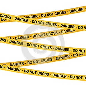 Crime scene Do Not Cross danger yellow tape, police line tape. Cartoon flat-style illustration White background