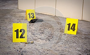 Crime scene with evidences and marks on floor. Detective investigation photo