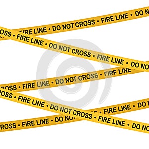Crime scene Fire line yellow tape, police line Do Not Cross tape. Cartoon flat-style illustration White background.