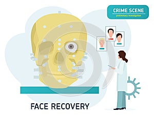 Crime scene investigation. Restoration of the face on the skull. Forensic examination concept banner. Flat cartoon