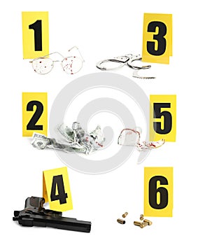 Crime scene investigation. Set of evidence identification markers and clues on white background