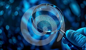 Night time Crime Scene with Investigator Wearing Surgical Glove Viewing A Fingerprint with a Magnifying Glass. Generative AI photo