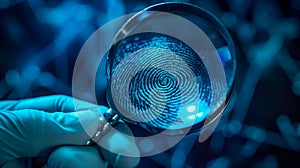 Investigator Wearing Glove Viewing A Fingerprint Through a Magnifying Glass. Generative AI photo