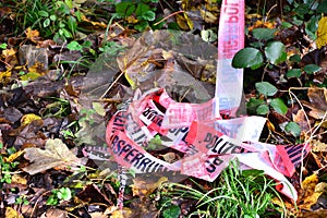 Crime scene, police striped tape wrapped around trees in forest