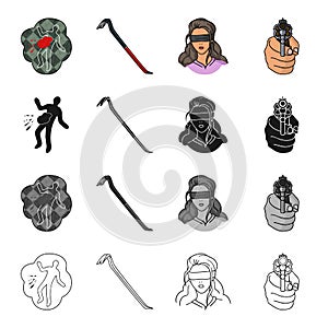 Crime scene, scrap, picklock, girl hostage, directed gun in hand. Crime set collection icons in cartoon black monochrome