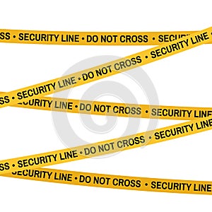 Crime scene security line yellow tape, police line Do Not Cross tape. Cartoon flat-style illustration White background.