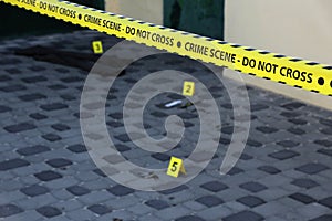 Crime scene tape for covering the area cordon. Yellow tape with blurred forensic law enforcement background in cinematic tone