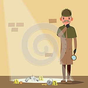 Crime Scene Vector. Detective Character Man. Crime Scene Investigation. Snoop, Shamus. Flat Cartoon Illustration