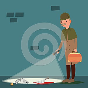 Crime Scene Vector. Snoop, Shamus, Spotter. Flat Cartoon Illustration