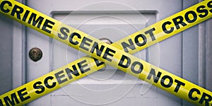 Crime scene. Warning yellow tape, text do not cross, blur entrance door background. 3d illustration