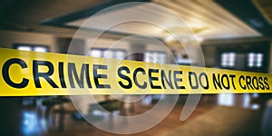 Crime scene. Warning yellow tape, text do not cross, dark blur room background. 3d illustration