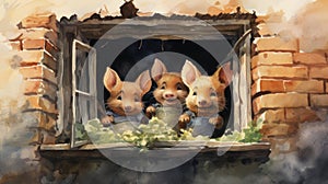 Crime Of The Three Little Pigs Nostalgic Watercolor Illustration