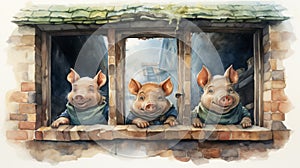 Crime Of The Three Little Pigs: A Watercolor Storybook Illustration