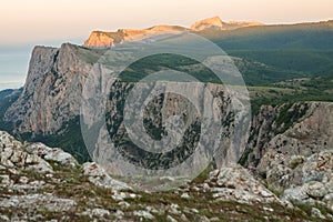 Crimea nature. Amazing landscape, mountains, Black sea coast during sunset. Beauty of nature scenery in Crimea.