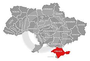 Crimea red highlighted in map of the Ukraine