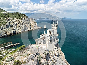 Crimea Swallow's Nest Castle on the rock over the Black Sea. It is a tourist attraction of Crimea. Amazing aerial