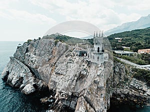 Crimea Swallow's Nest Castle on the rock over the Black Sea. It is a tourist attraction of Crimea. Amazing aerial