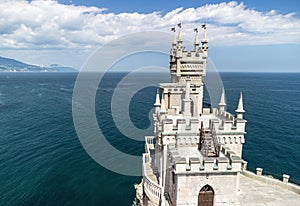 Crimea Swallow's Nest Castle on the rock over the Black Sea. It is a tourist attraction of Crimea. Amazing aerial