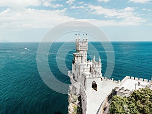 Crimea Swallow's Nest Castle on the rock over the Black Sea. It is a tourist attraction of Crimea. Amazing aerial