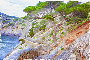 Crimea.Trail Golitsyn. Mount Koba-Kaya, the settlement Novyy Svet. Imitation of a picture. Oil paint. Illustration