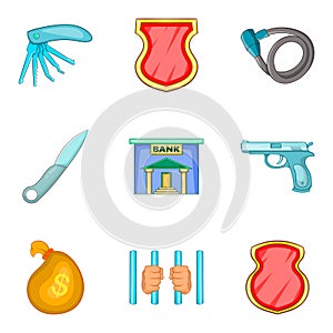 Criminal activity icons set, cartoon style