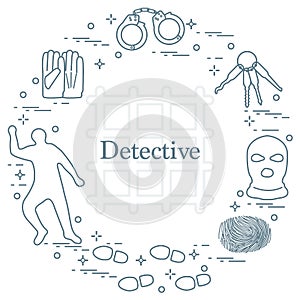 Criminal and detective elements. Crime, law and justice vector i