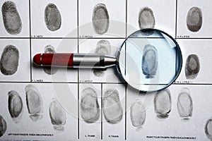 Criminal fingerprint card and magnifier