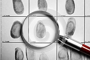 Criminal fingerprint card and magnifier