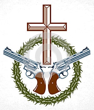 Criminal gangster dramatic emblem or logo with Christian Cross symbolizing death, vector vintage style tattoo, rebel rioter