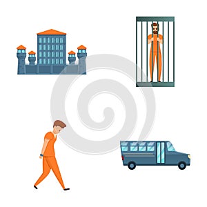 Criminal icons set cartoon vector. Convict near prison building and paddy wagon