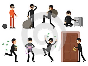 Criminal illustrations of theif characters in different action poses photo