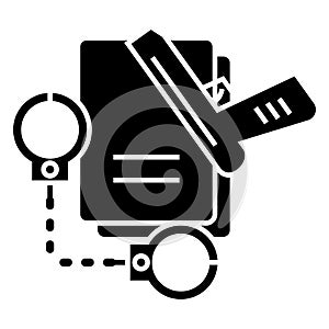 Criminal law - handcuffs - docs - gun - evidence icon, vector illustration