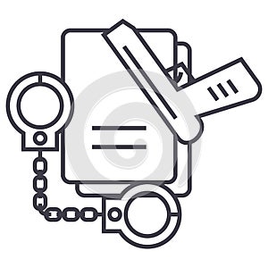 Criminal law,handcuffs,docs,gun,evidence vector line icon, sign, illustration on background, editable strokes