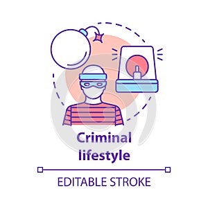 Criminal lifestyle concept icon. Committing crime idea thin line illustration. Terrorist with bomb. Robber, housebreaker photo