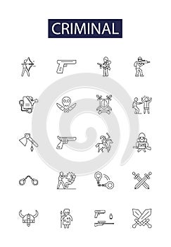 Criminal line vector icons and signs. theft, burglary, extortion, robbery, felonious, felonry, mugging, larceny outline photo