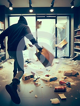 criminal looter rob vandalize retail shop , steal merchandise. graffiti activism paint and break all