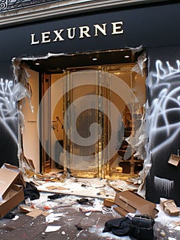 criminal looter rob vandalize retail shop , steal merchandise. graffiti activism paint and break all