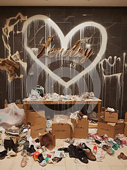 criminal looter rob vandalize retail shop , steal merchandise. graffiti activism paint and break all