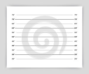 Criminal measurements template. Lineup backdrop. Police wanted picture with lines in inches. Mugshot board