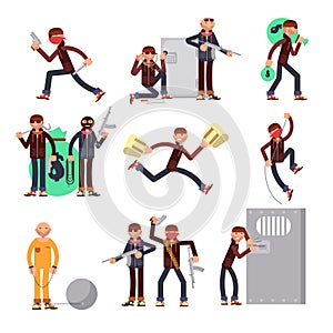 Criminal offender in different actions vector set. Burglar and thief cartoon characters