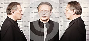 Criminal portraited for police evidence in fromt of mug board