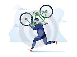 Criminal stealing bicycle vector illustration. Caucasian man in black hoodie cartoon character. Bike theft, law break