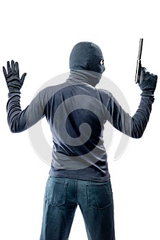 Criminal terrorist with hands up isolated on white